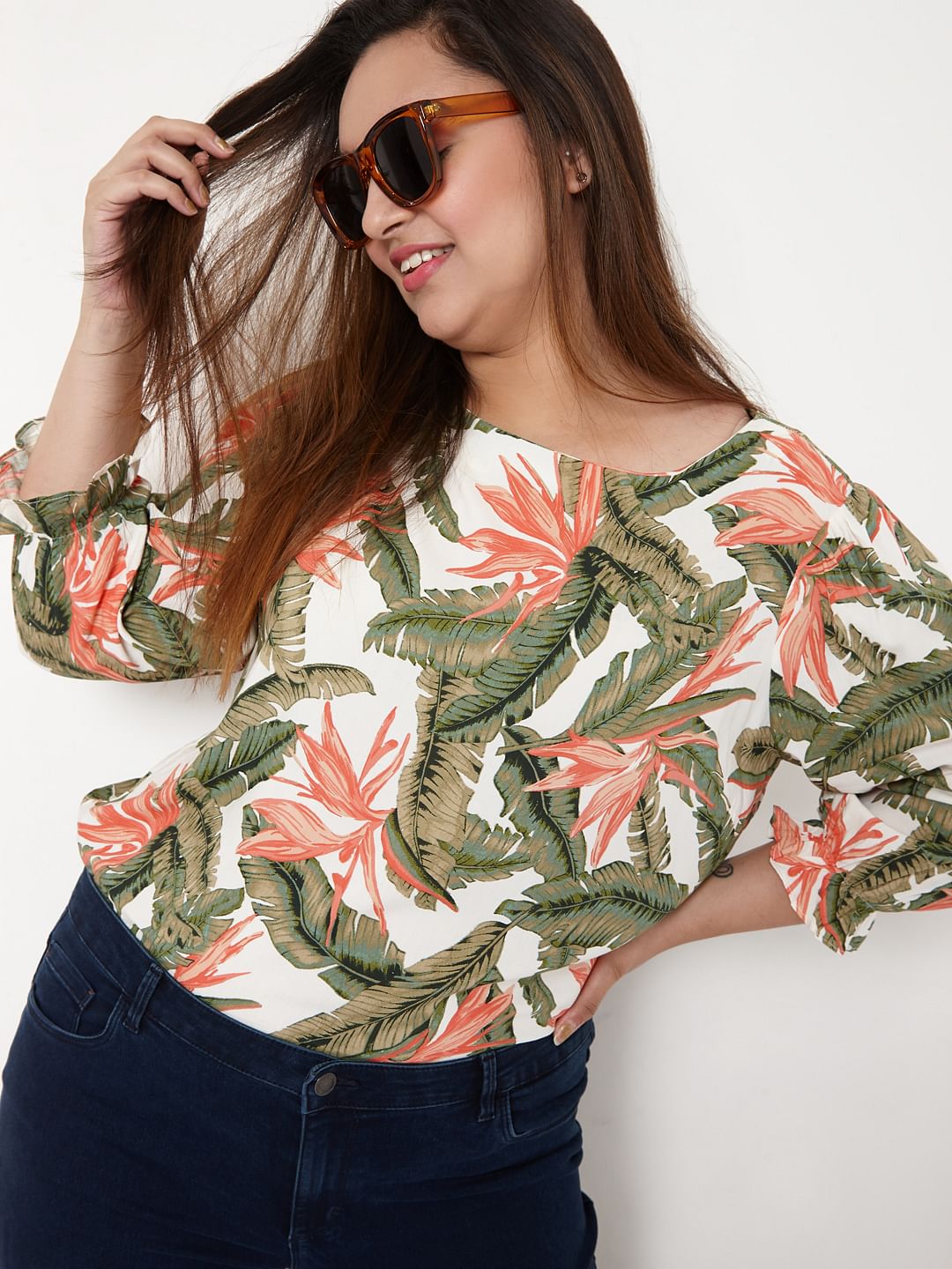 Curve White Tropical Print Top