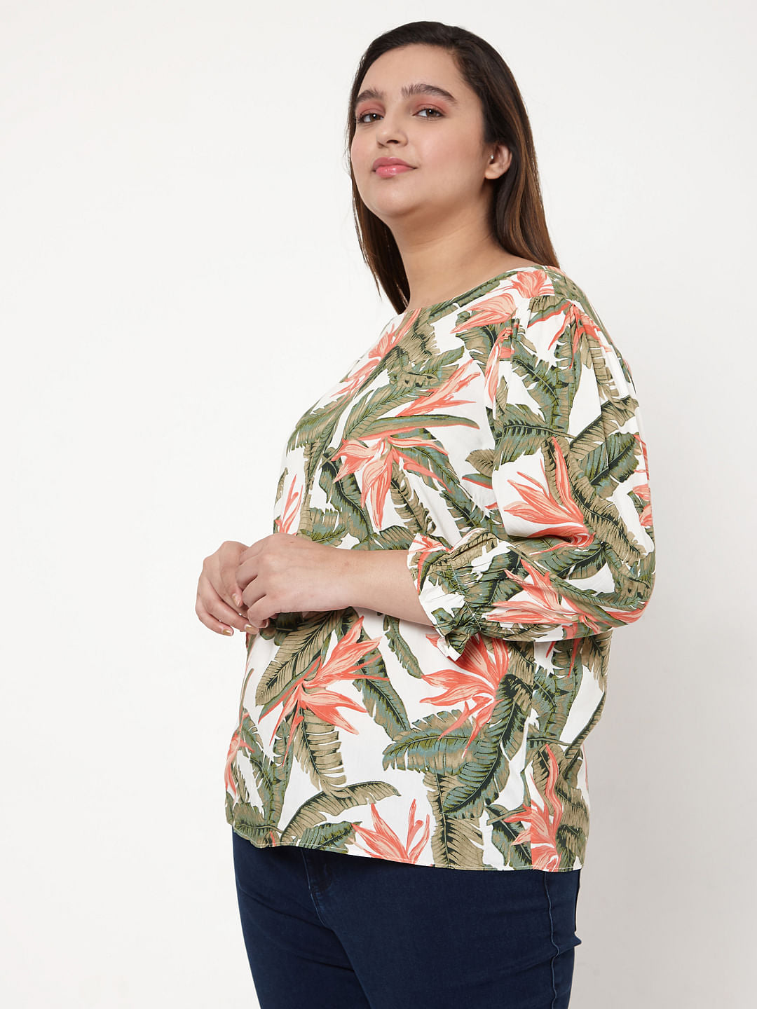 Curve White Tropical Print Top
