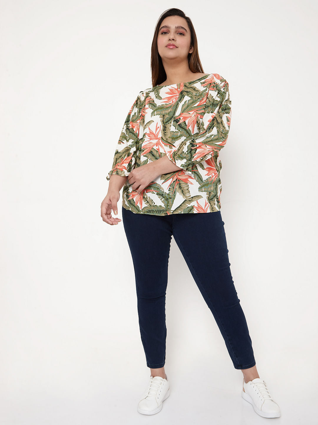 Curve White Tropical Print Top
