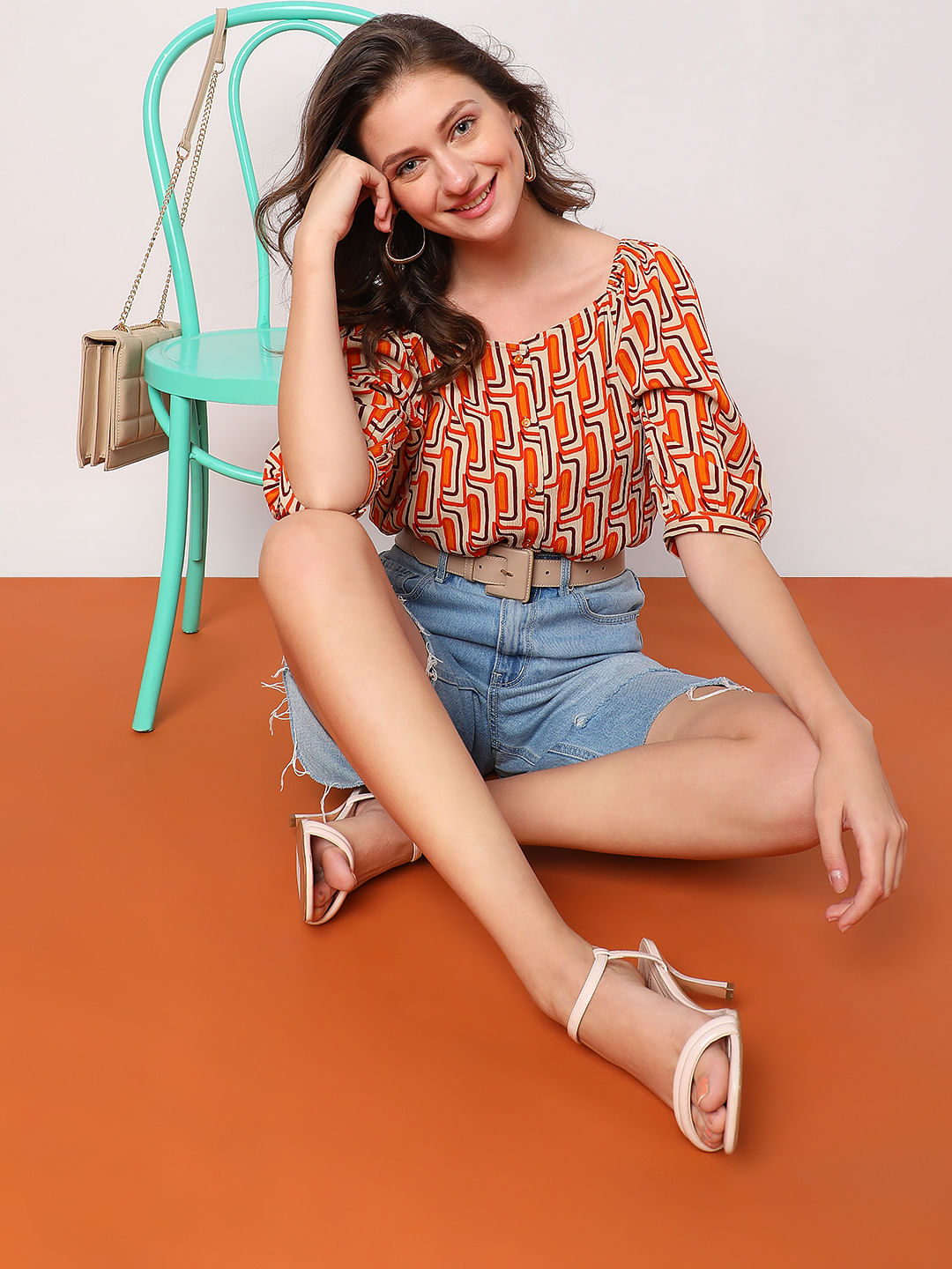 Orange Printed Buttoned Top
