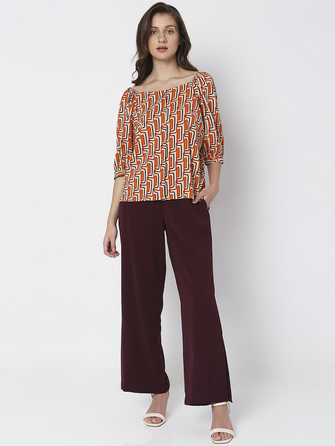 Orange Printed Buttoned Top