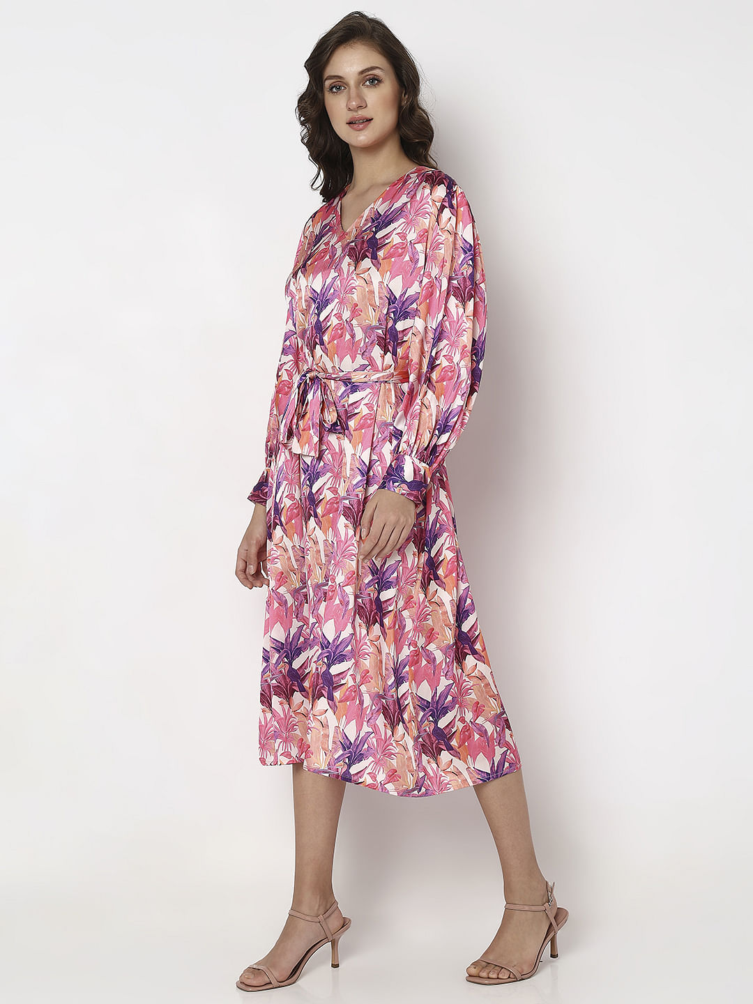 Pink Tropical Print Midi Dress
