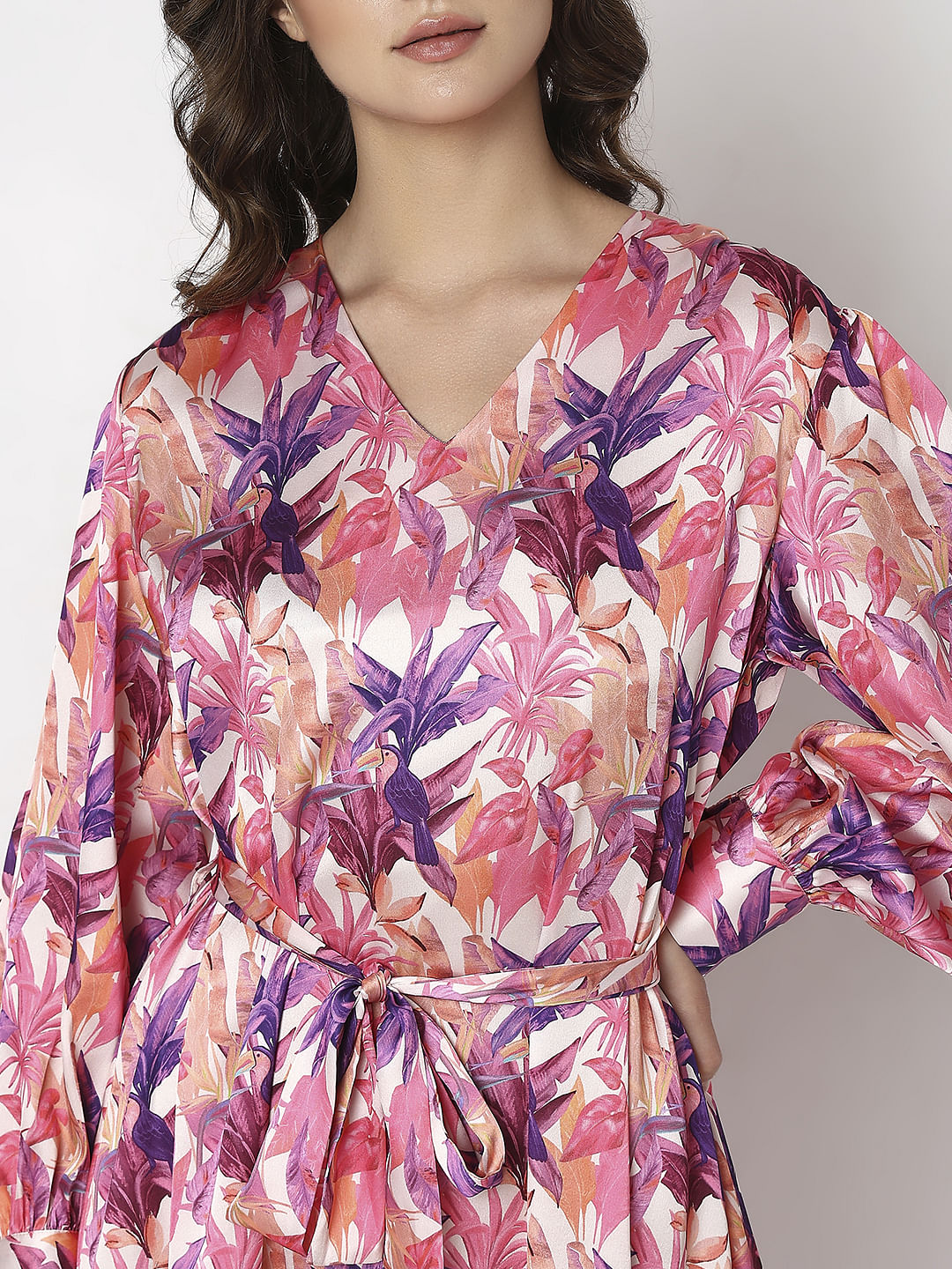 Pink Tropical Print Midi Dress