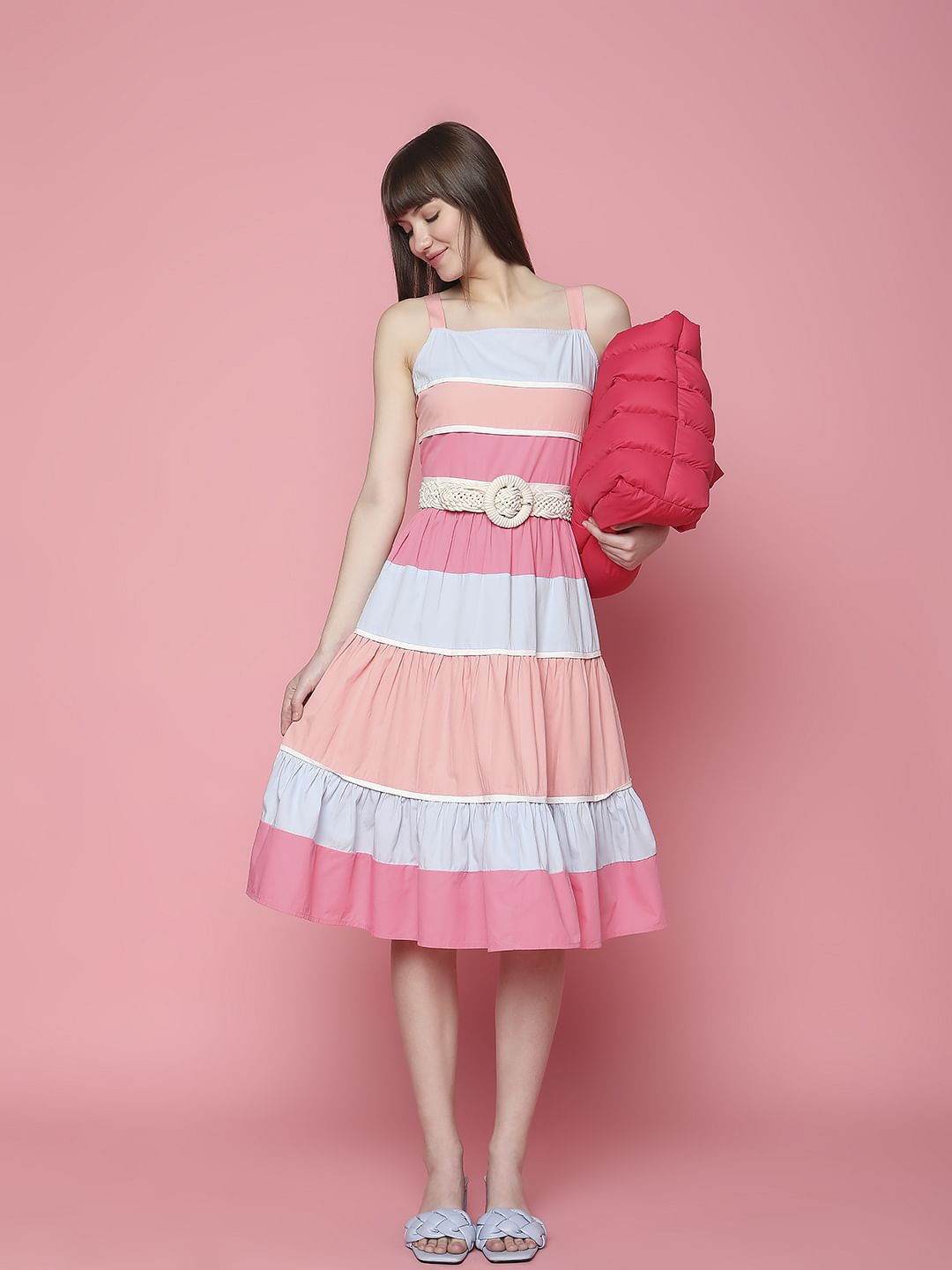 Pastel Peach Colourblocked Midi Dress