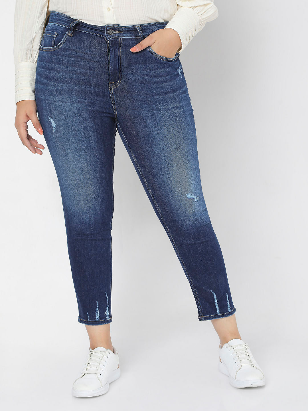 Curve Blue High Rise Ripped Skinny Jeans
