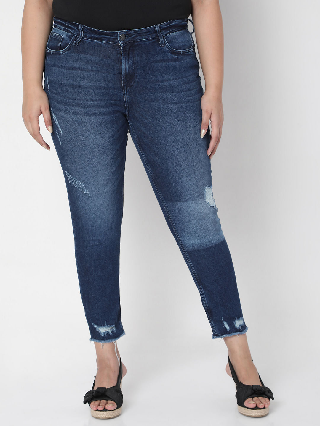 Curve Blue Mid Rise Distressed Jeans