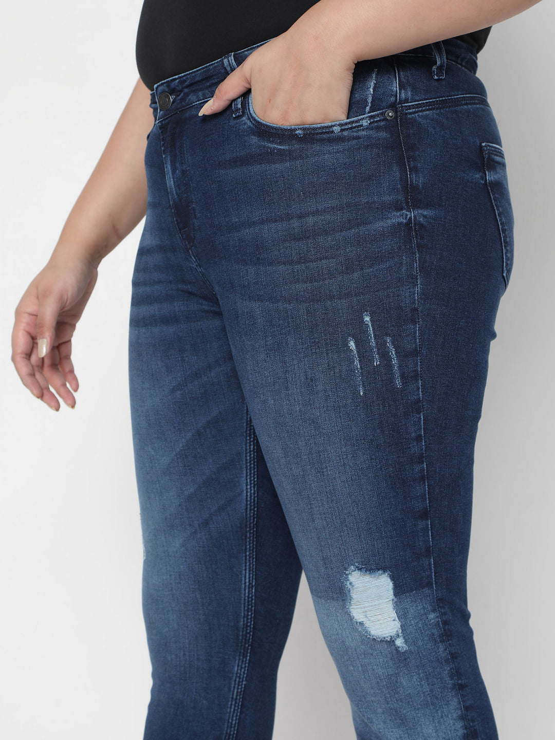 Curve Blue Mid Rise Distressed Jeans