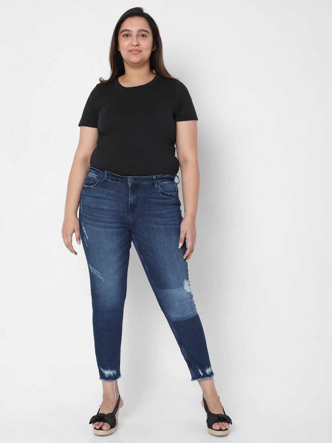 Curve Blue Mid Rise Distressed Jeans