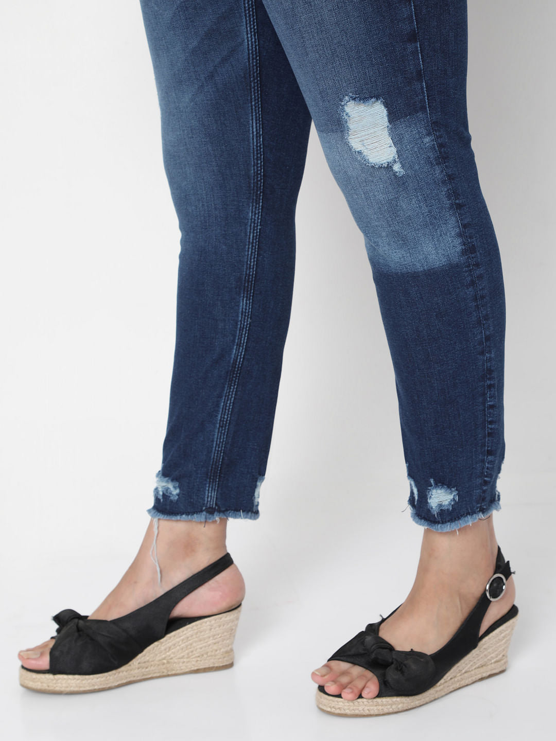Curve Blue Mid Rise Distressed Jeans