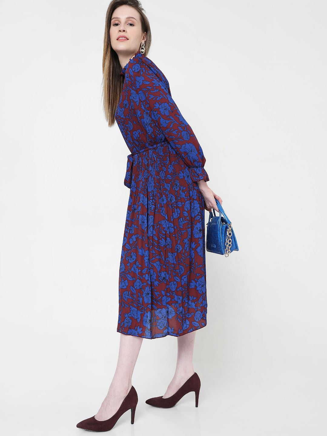 Blue & Maroon Floral Print Pleated Dress