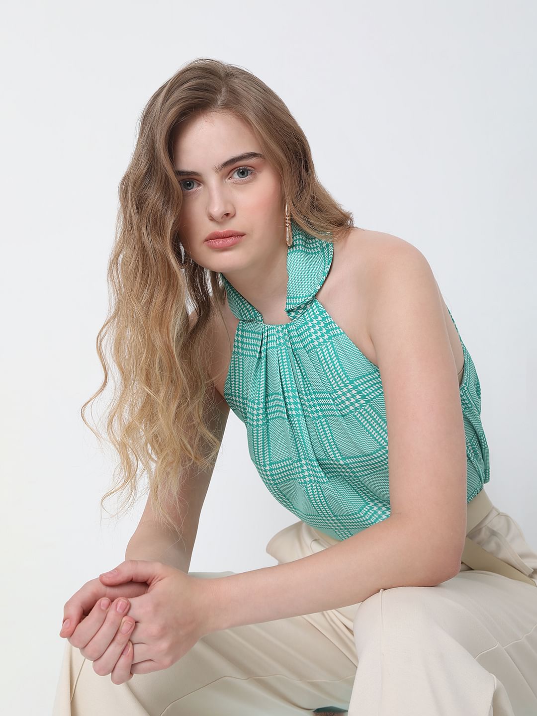 Green Check Halter Neck Co-Ord Set Top