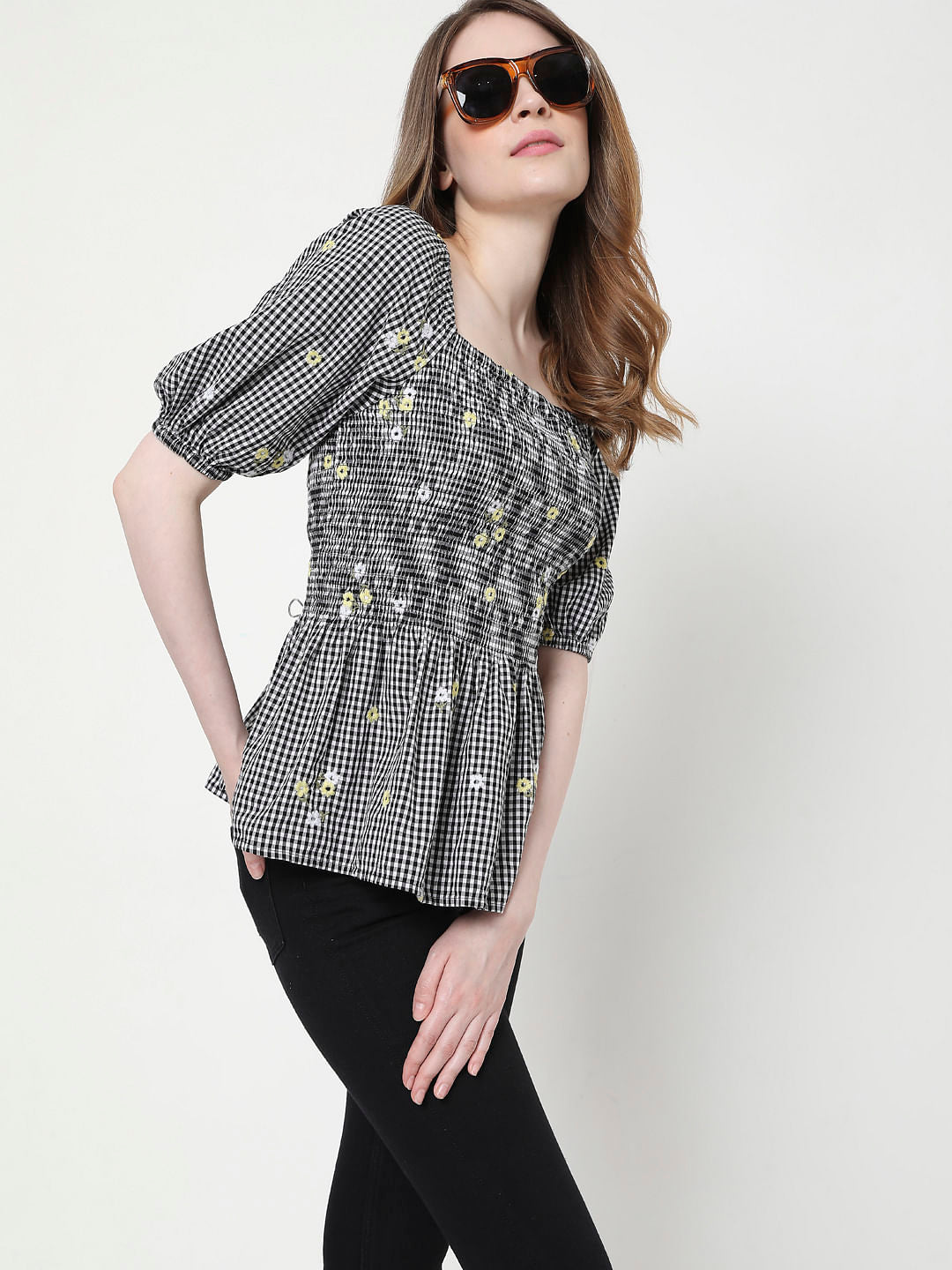 Black Check Smocked Top