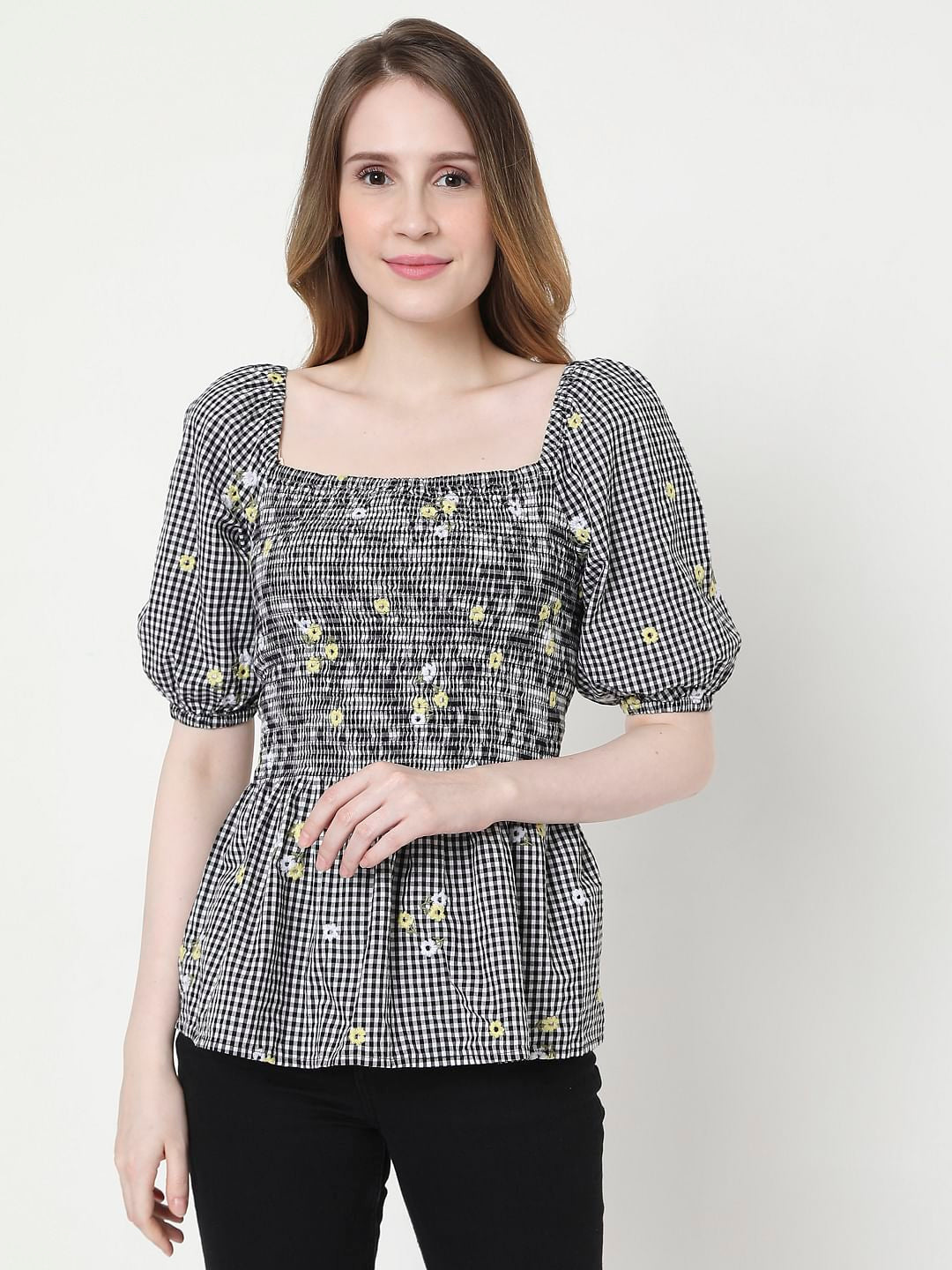 Black Check Smocked Top