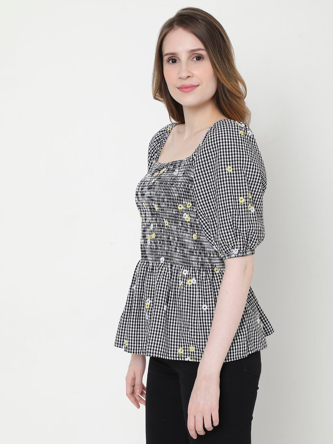 Black Check Smocked Top