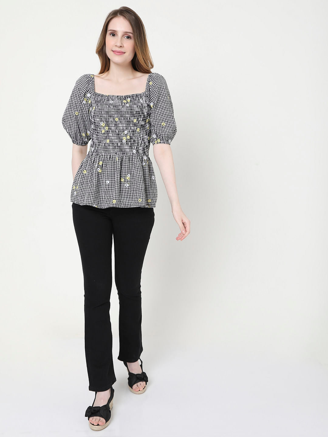 Black Check Smocked Top