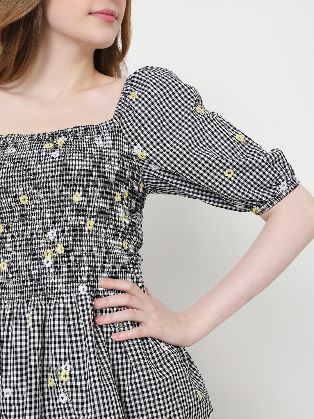 Black Check Smocked Top