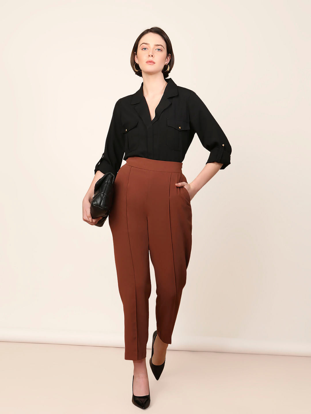 Brown High Rise Slim Fit Pants