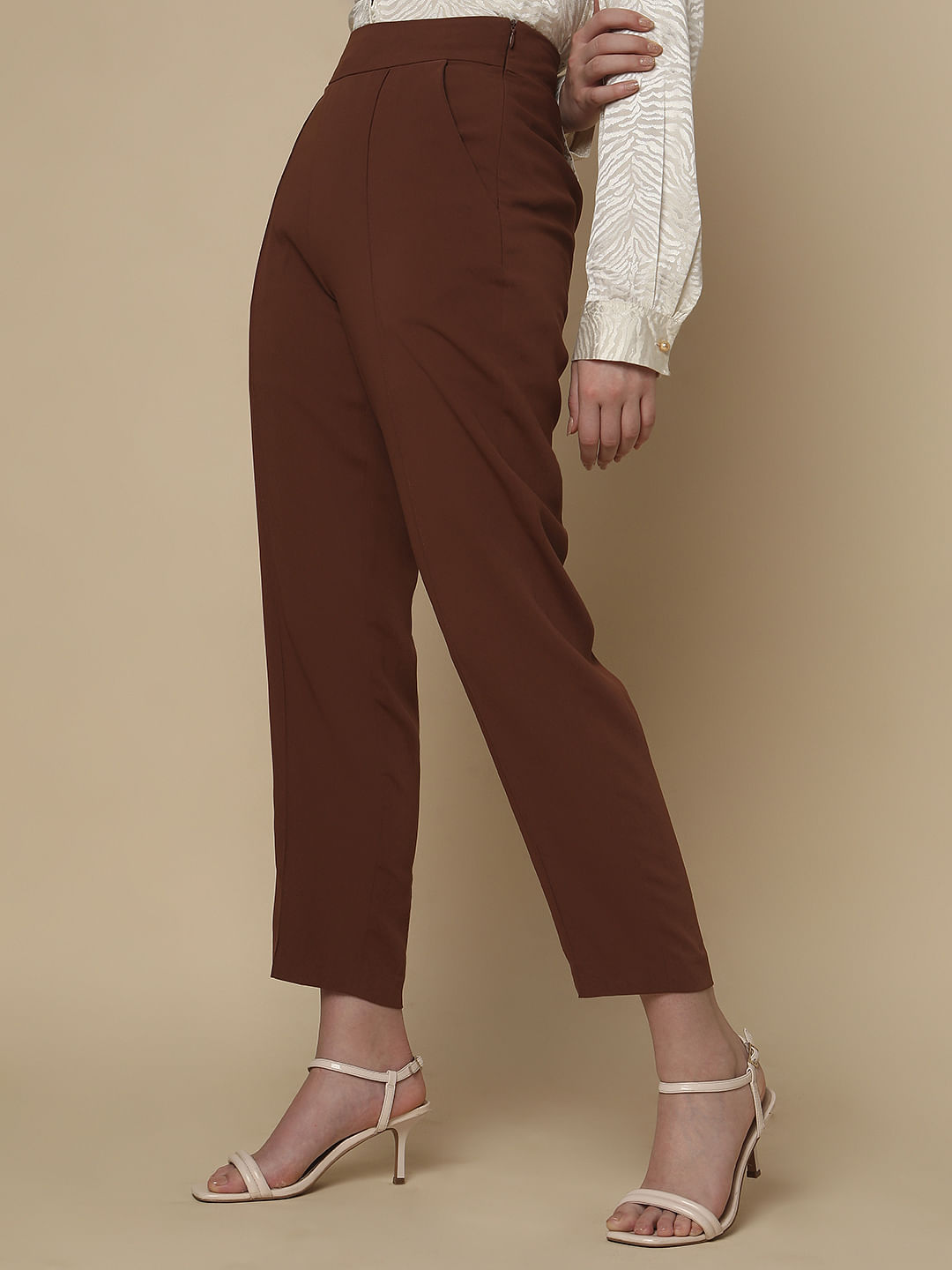 Brown High Rise Slim Fit Pants
