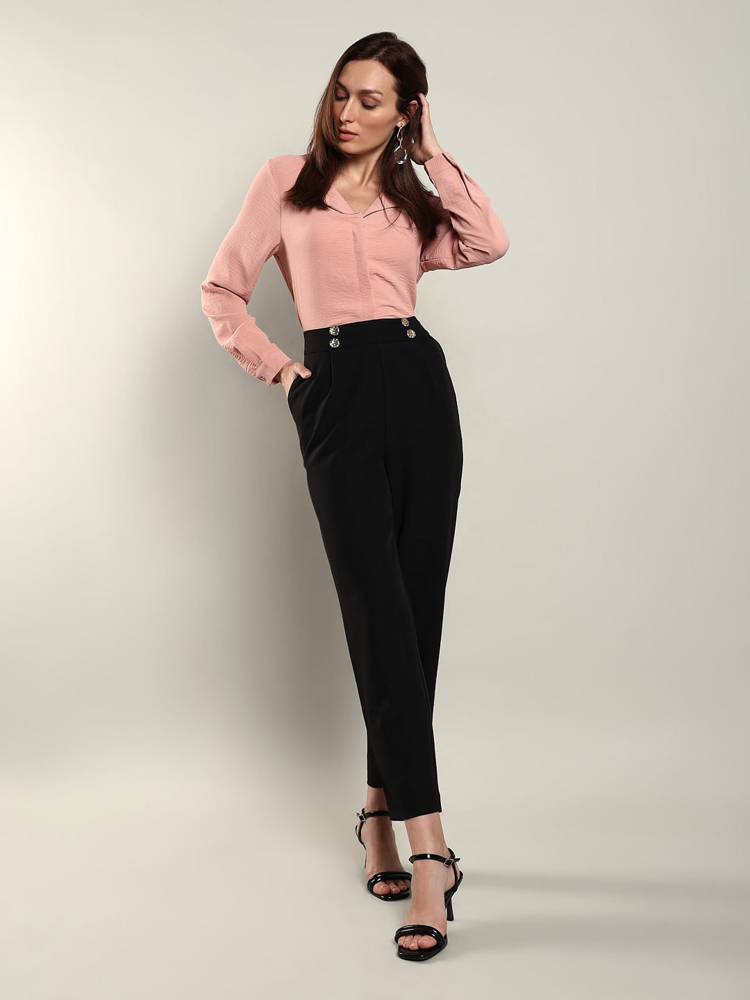 Black High Rise Button Detail Pants
