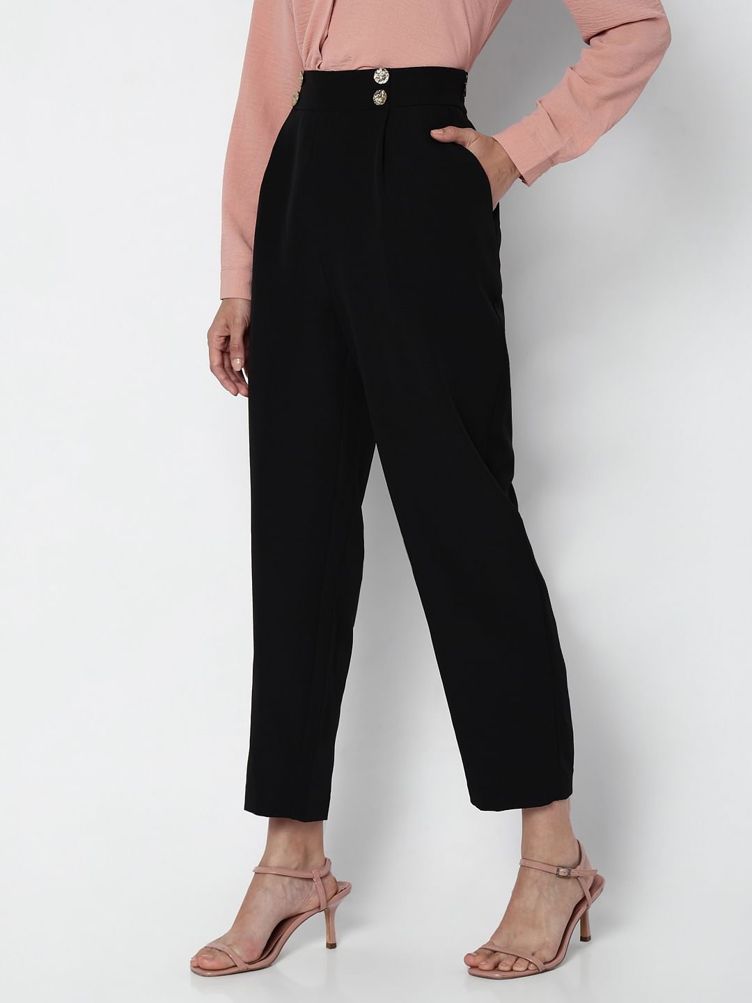 Black High Rise Button Detail Pants