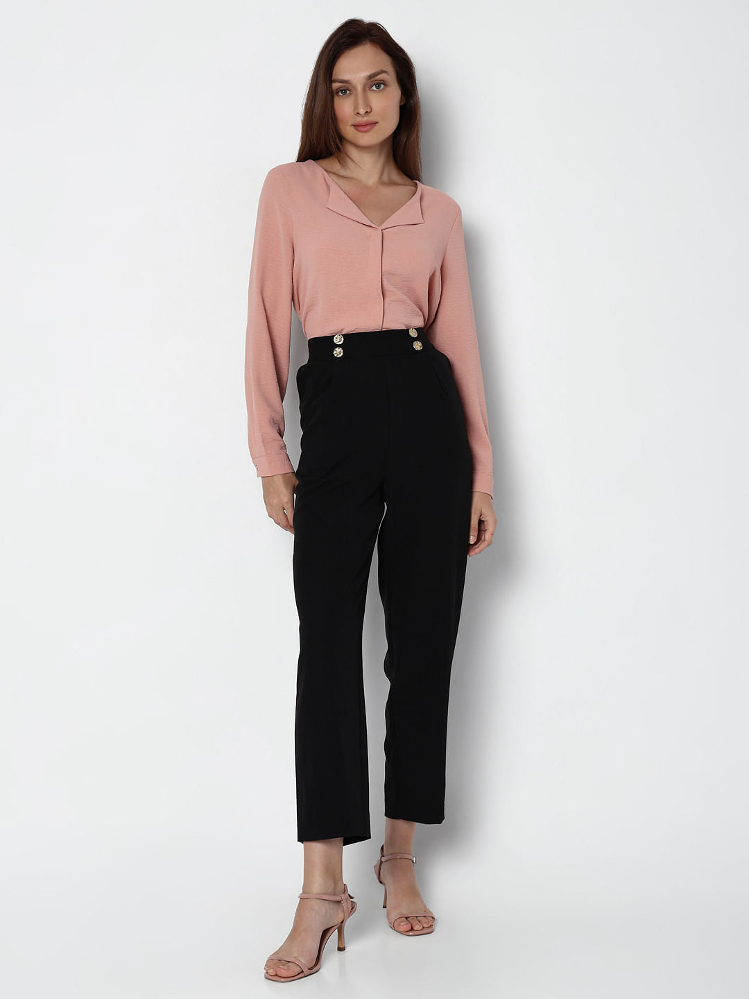 Black High Rise Button Detail Pants