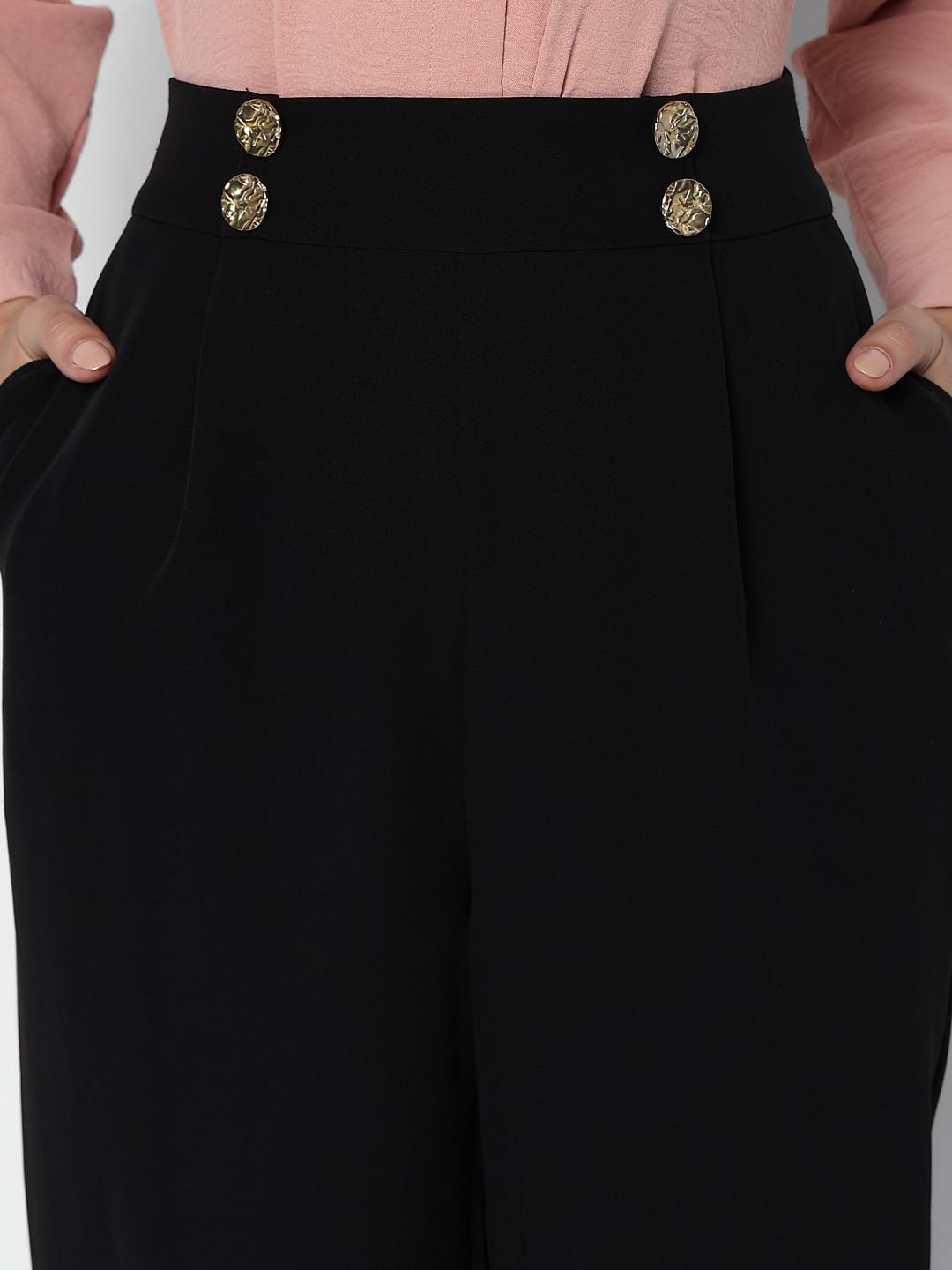 Black High Rise Button Detail Pants