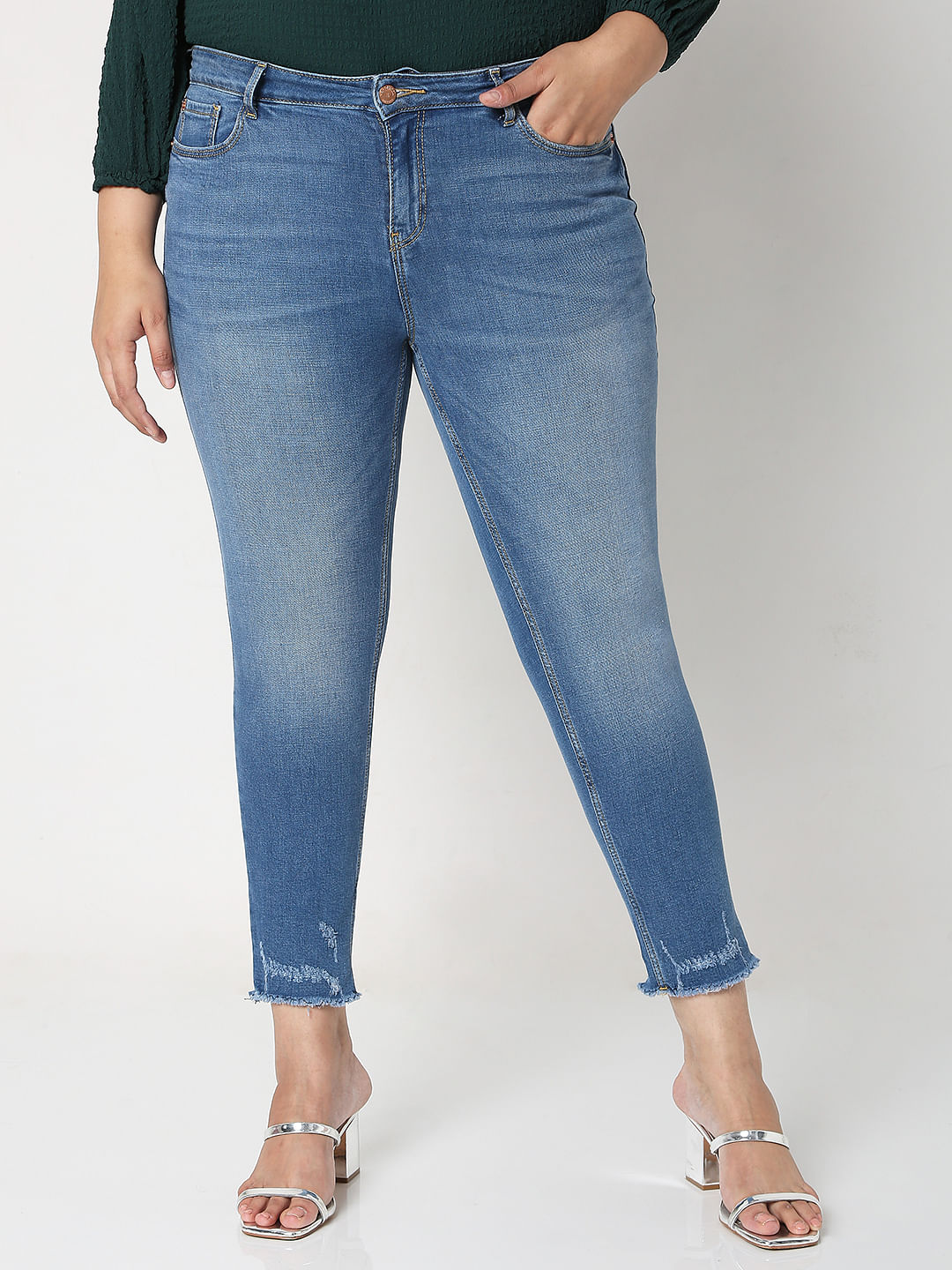 Curve Blue Mid Rise Distressed Wendy Skinny Jeans