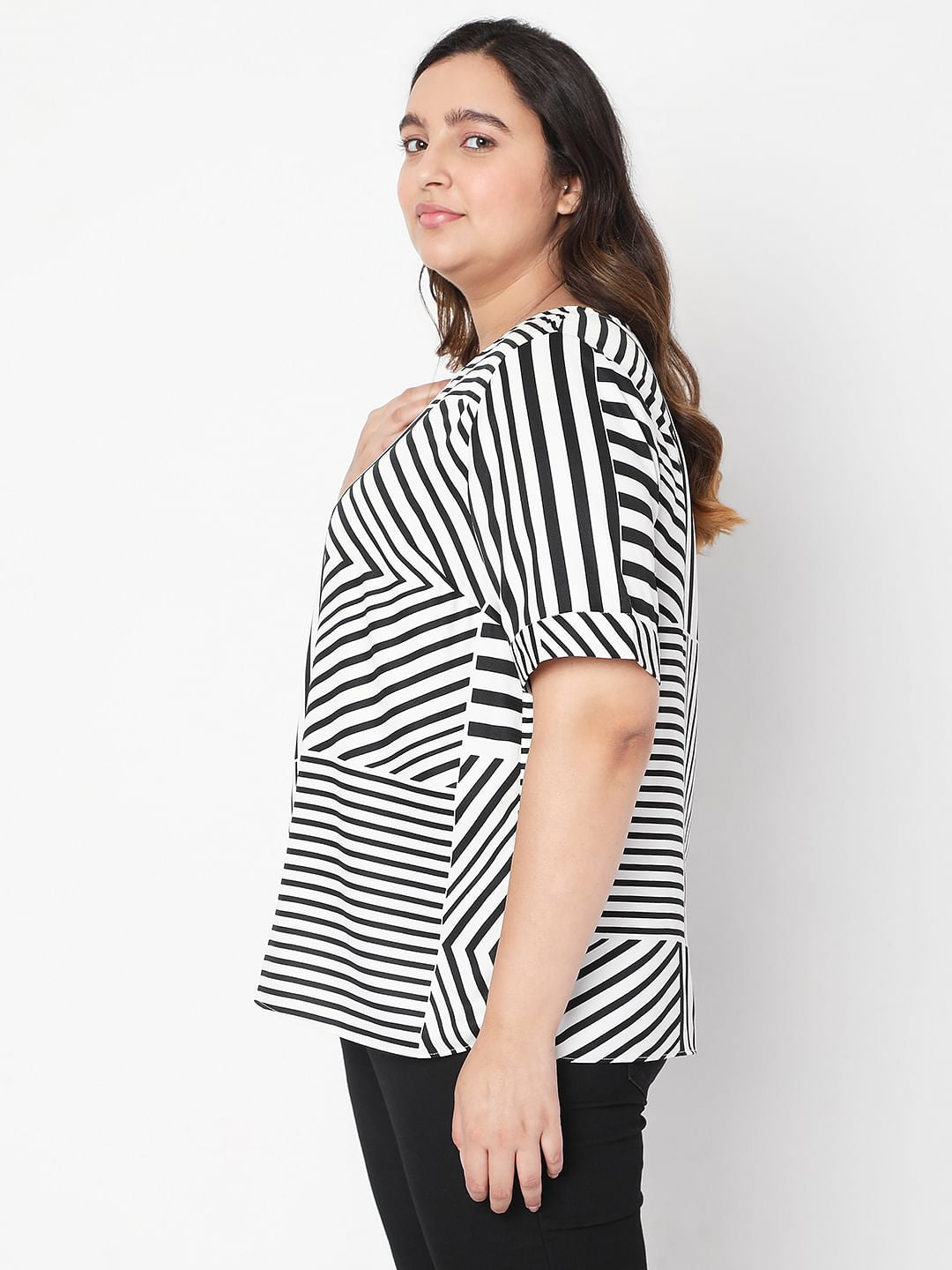 Curve Black & White Asymmetrical Striped Top