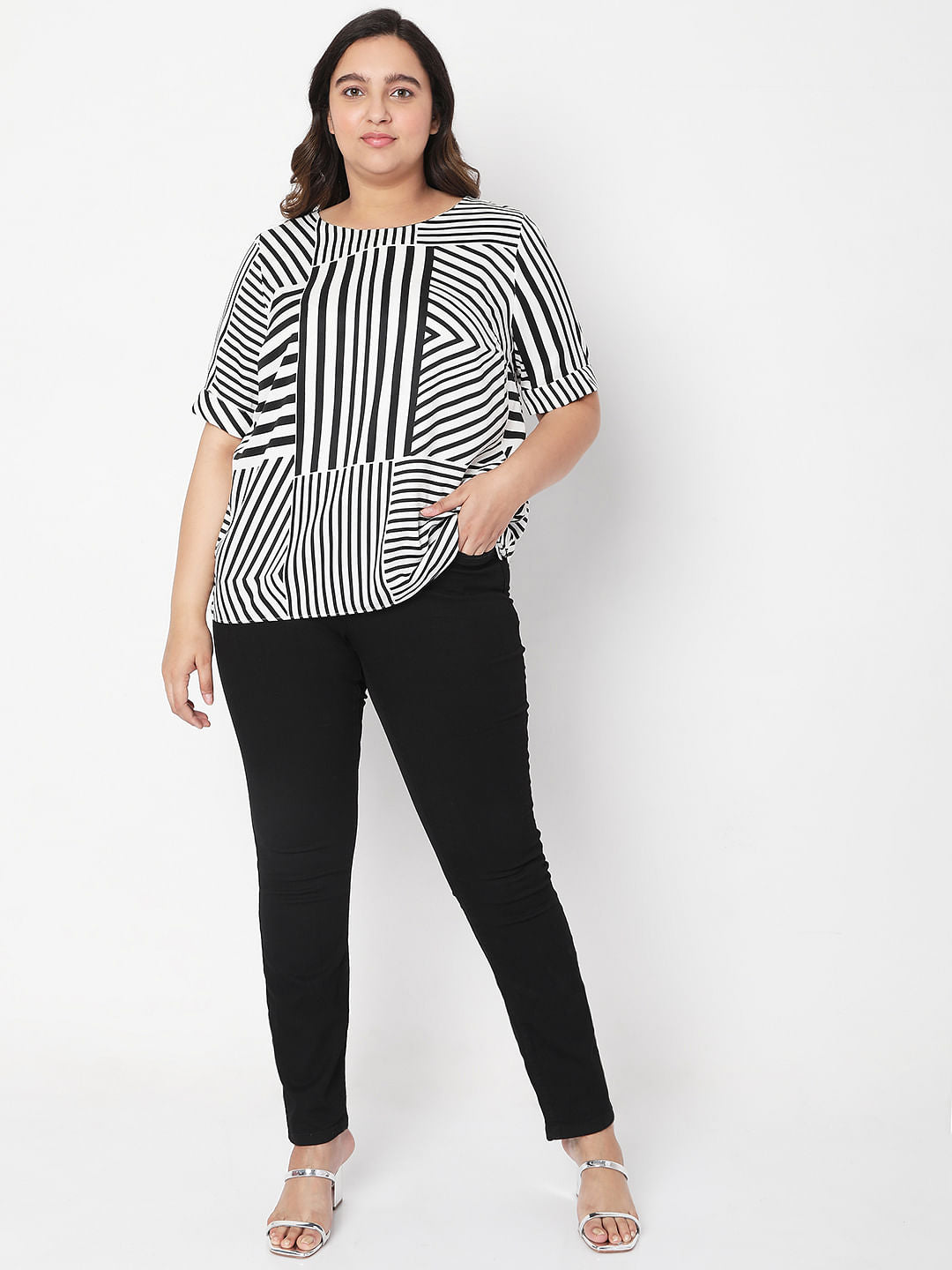 Curve Black & White Asymmetrical Striped Top