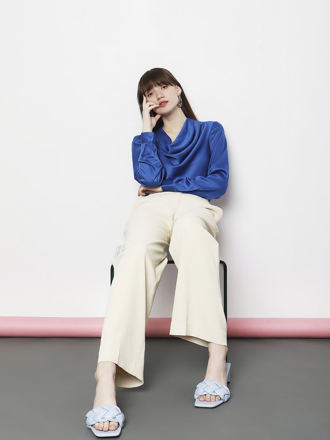 Blue Cowl Neck Satin Top