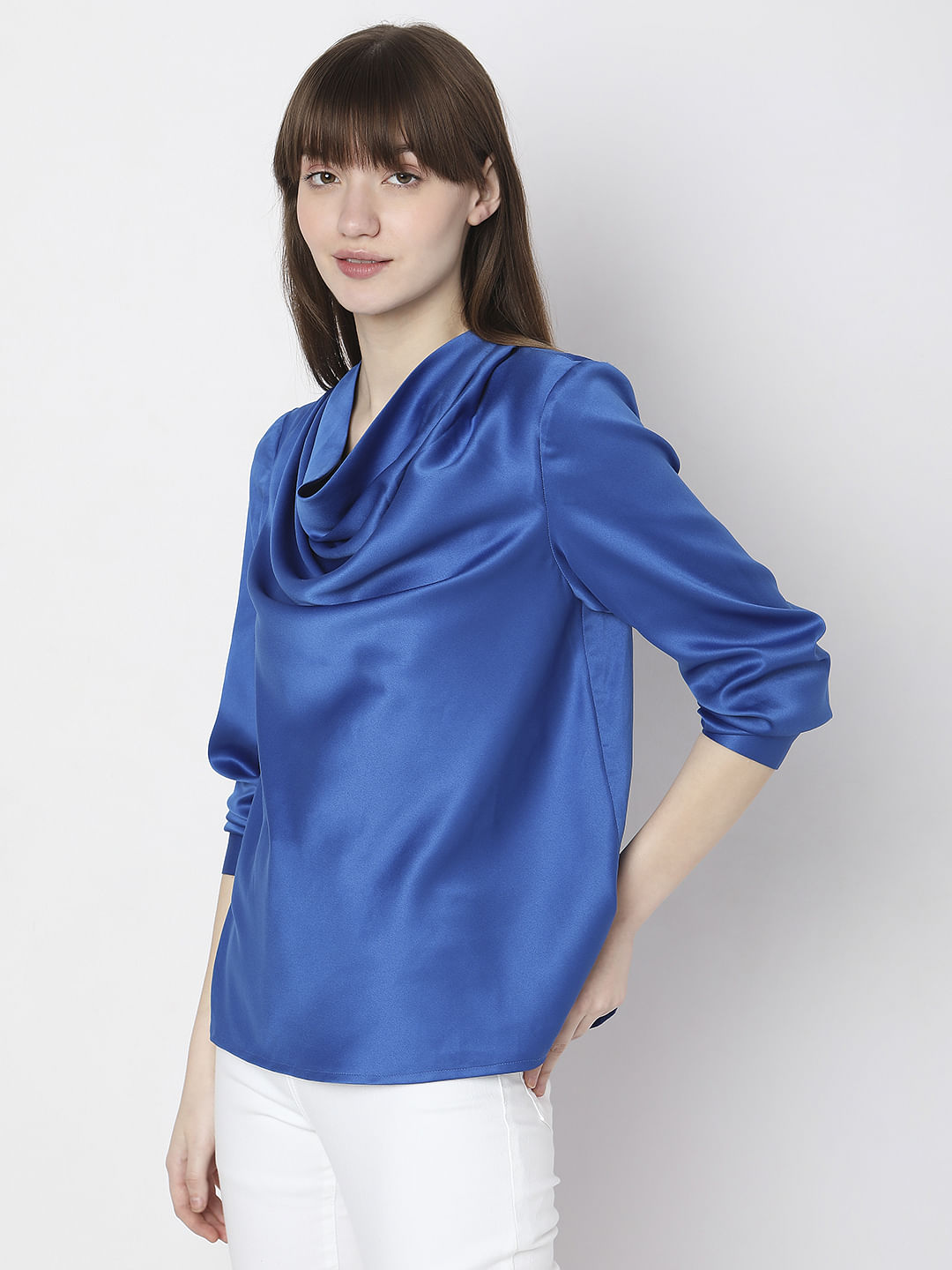Blue Cowl Neck Satin Top