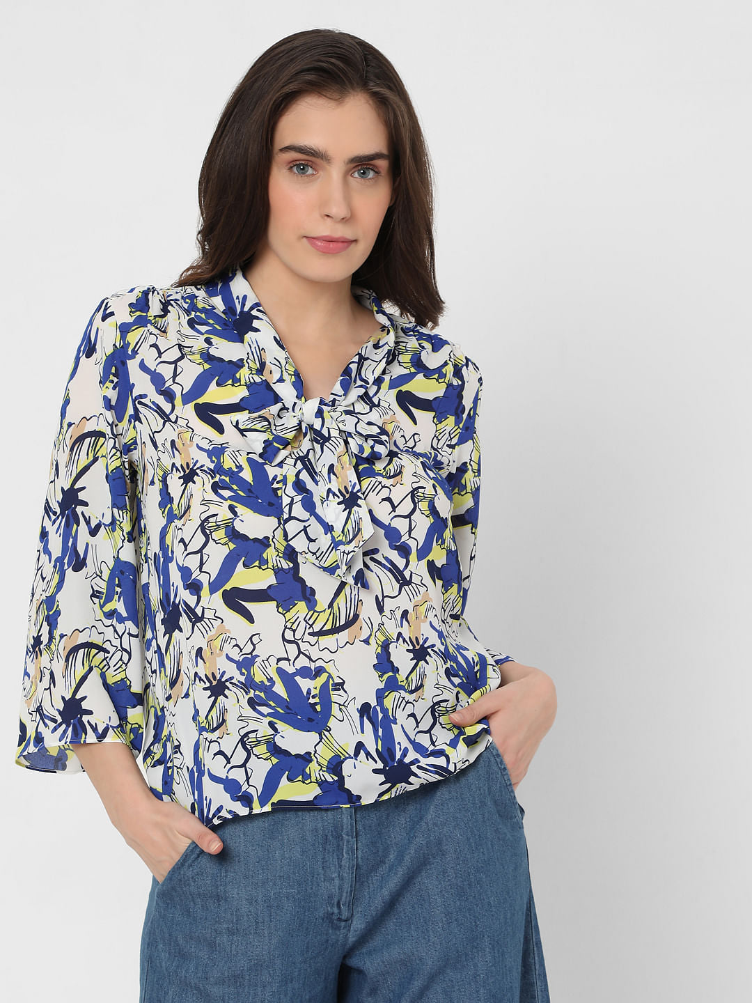 White Abstract Garden Print Top