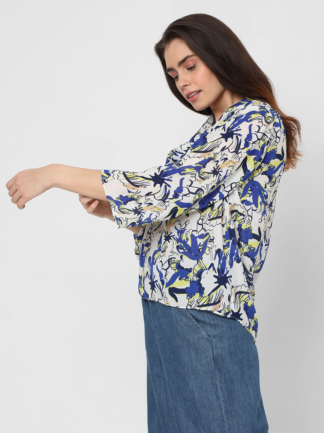 White Abstract Garden Print Top