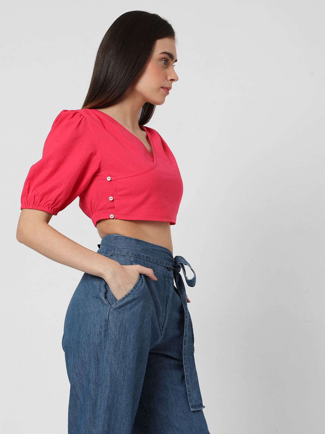 Pink Puff Sleeves Co-Ord Set Crop Top