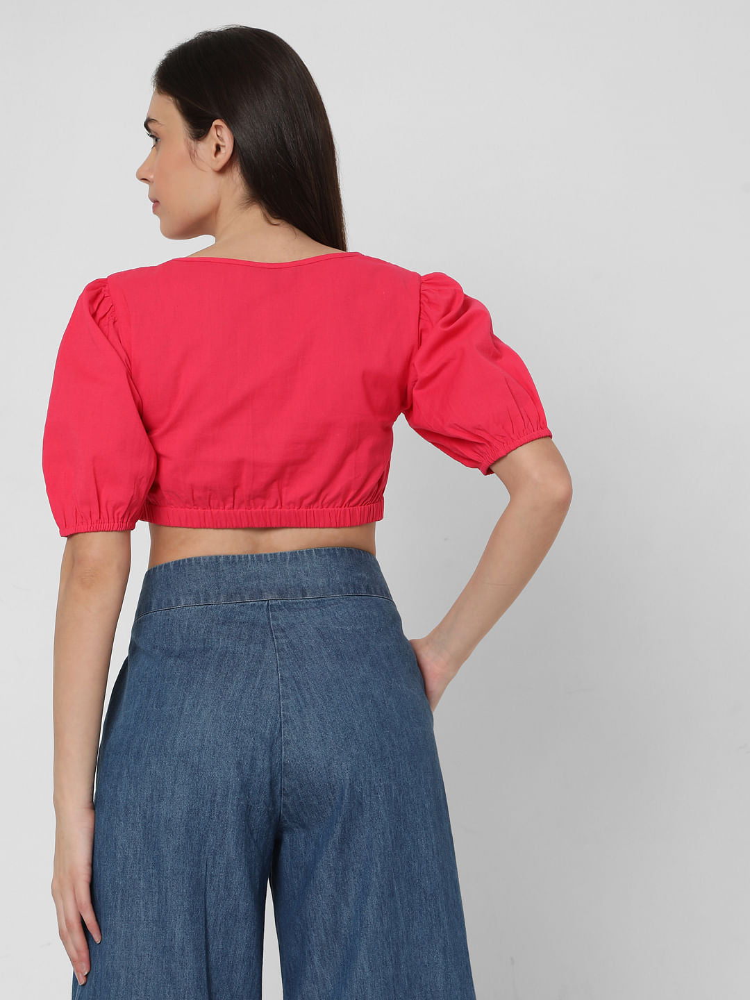 Pink Puff Sleeves Co-Ord Set Crop Top