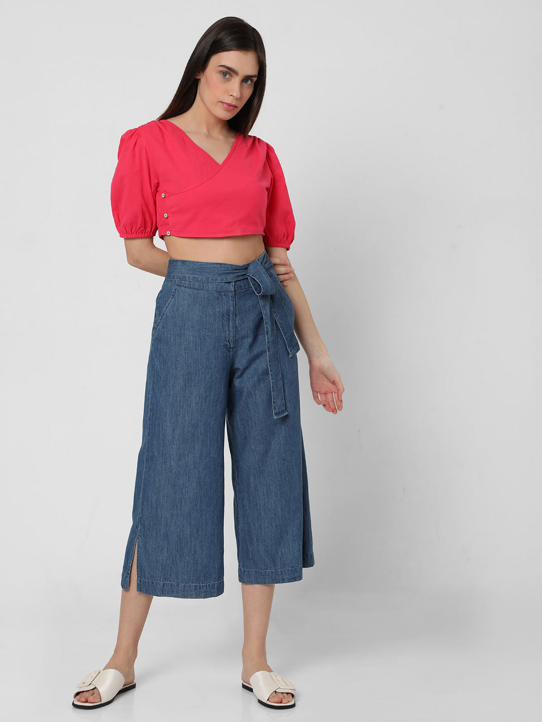 Pink Puff Sleeves Co-Ord Set Crop Top