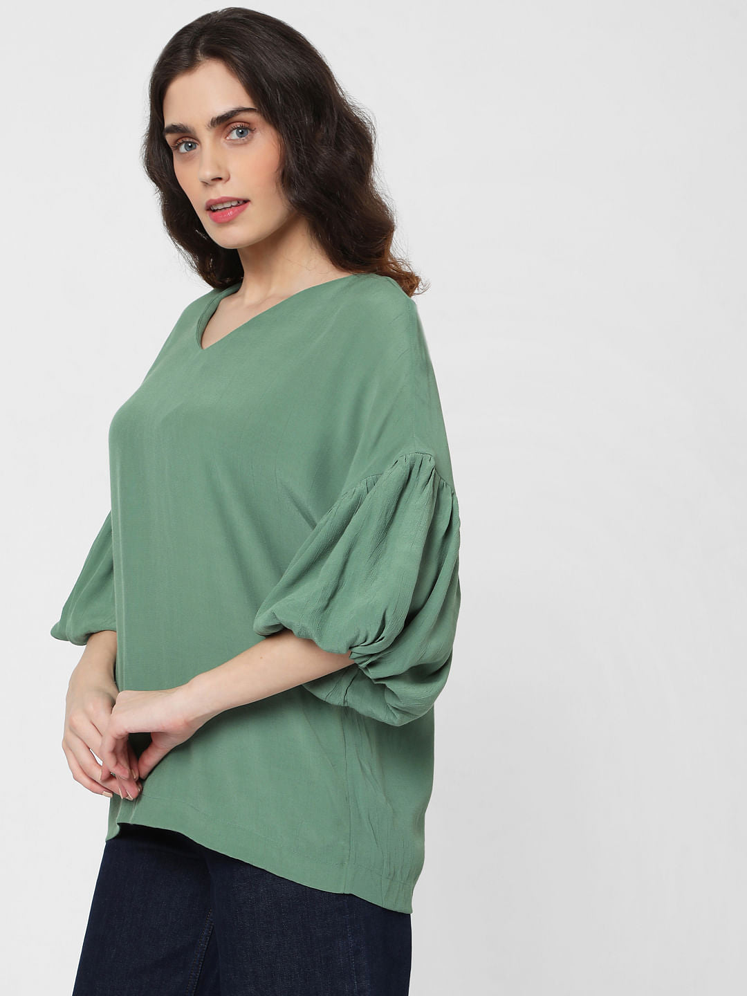 Green Puff Sleeves Top