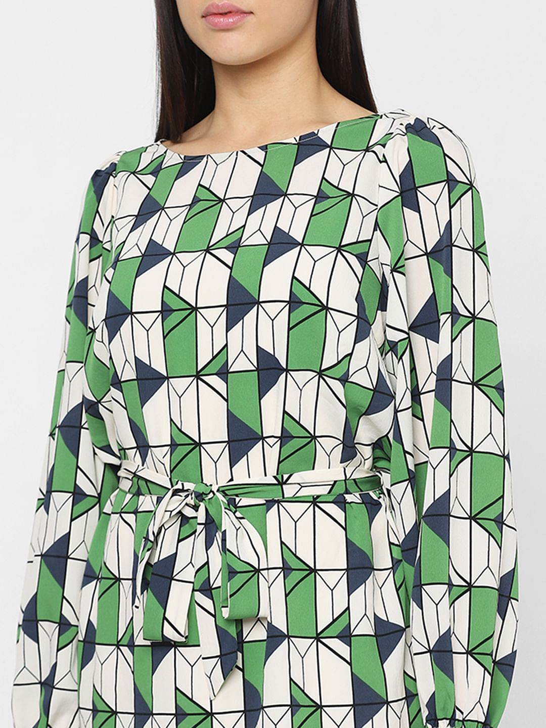 Beige Geometric Print Fit & Flare Dress