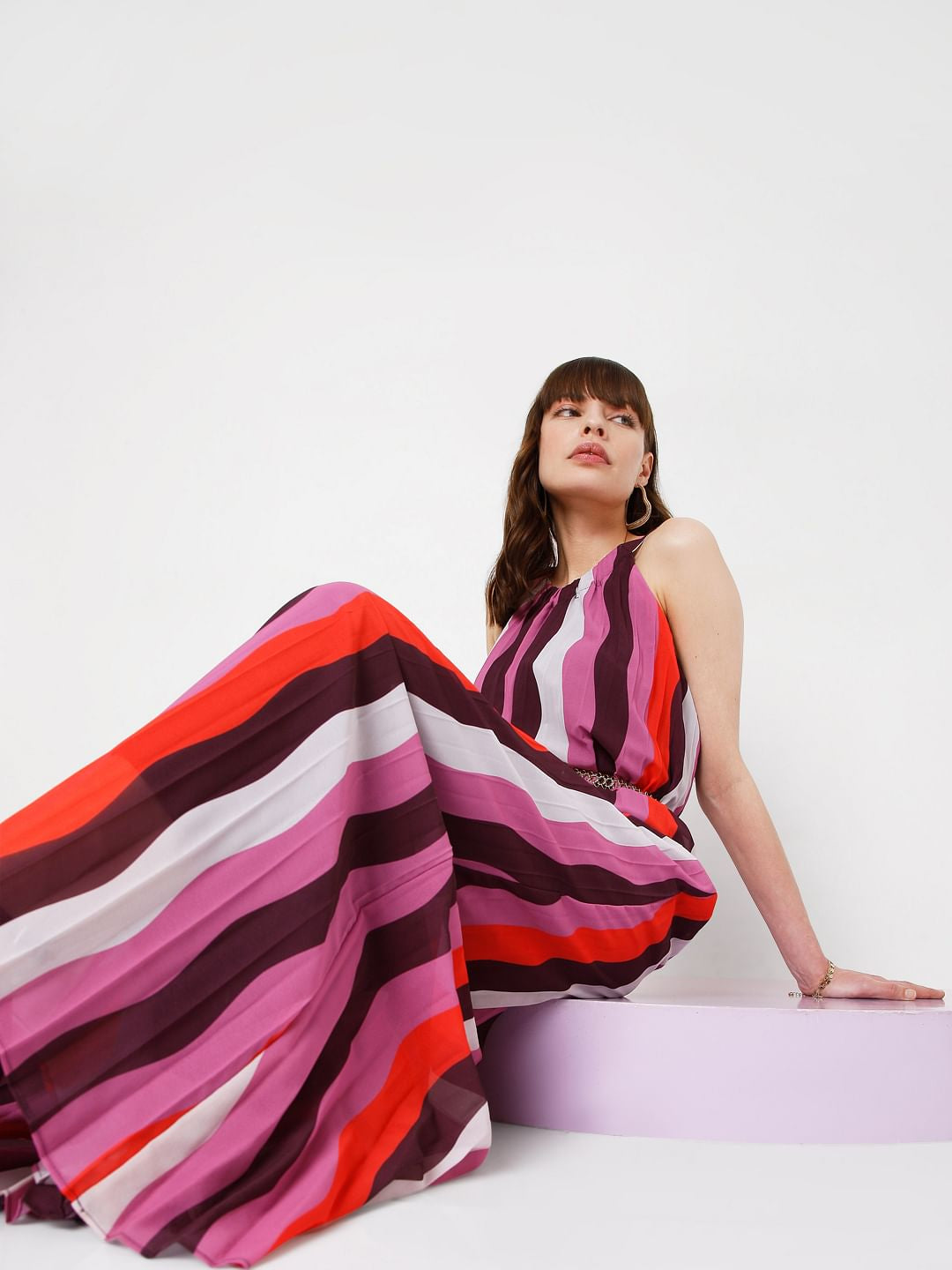 Purple Asymmetrical Striped Jumpsuit