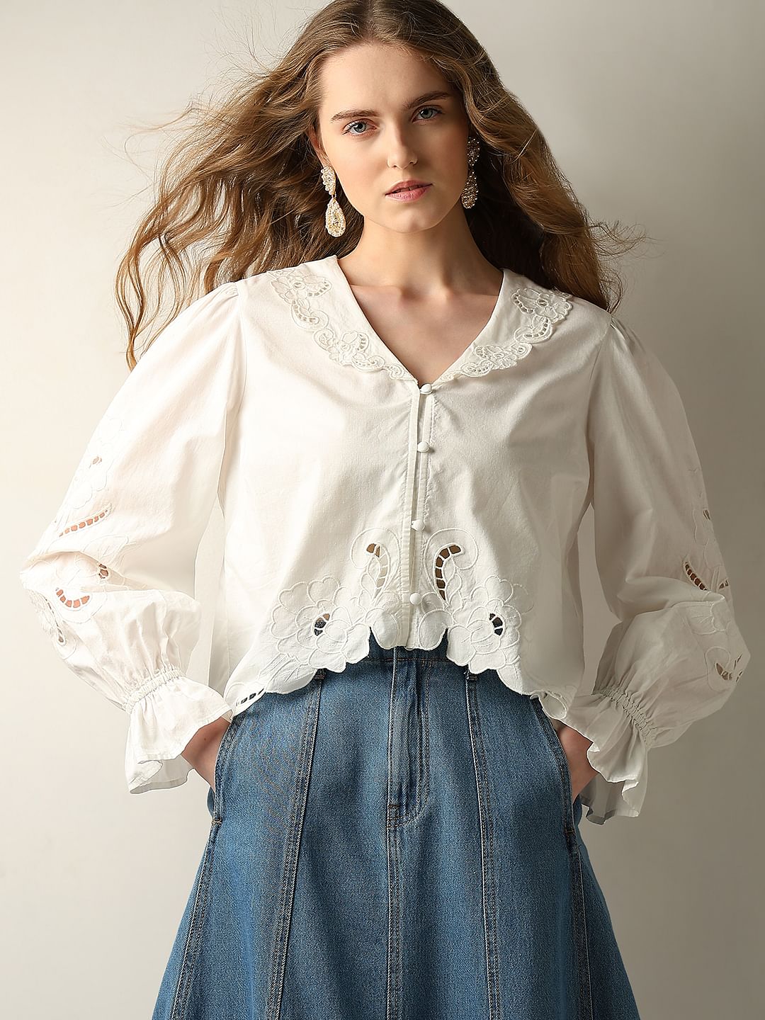 White Cut-Work Detail Top