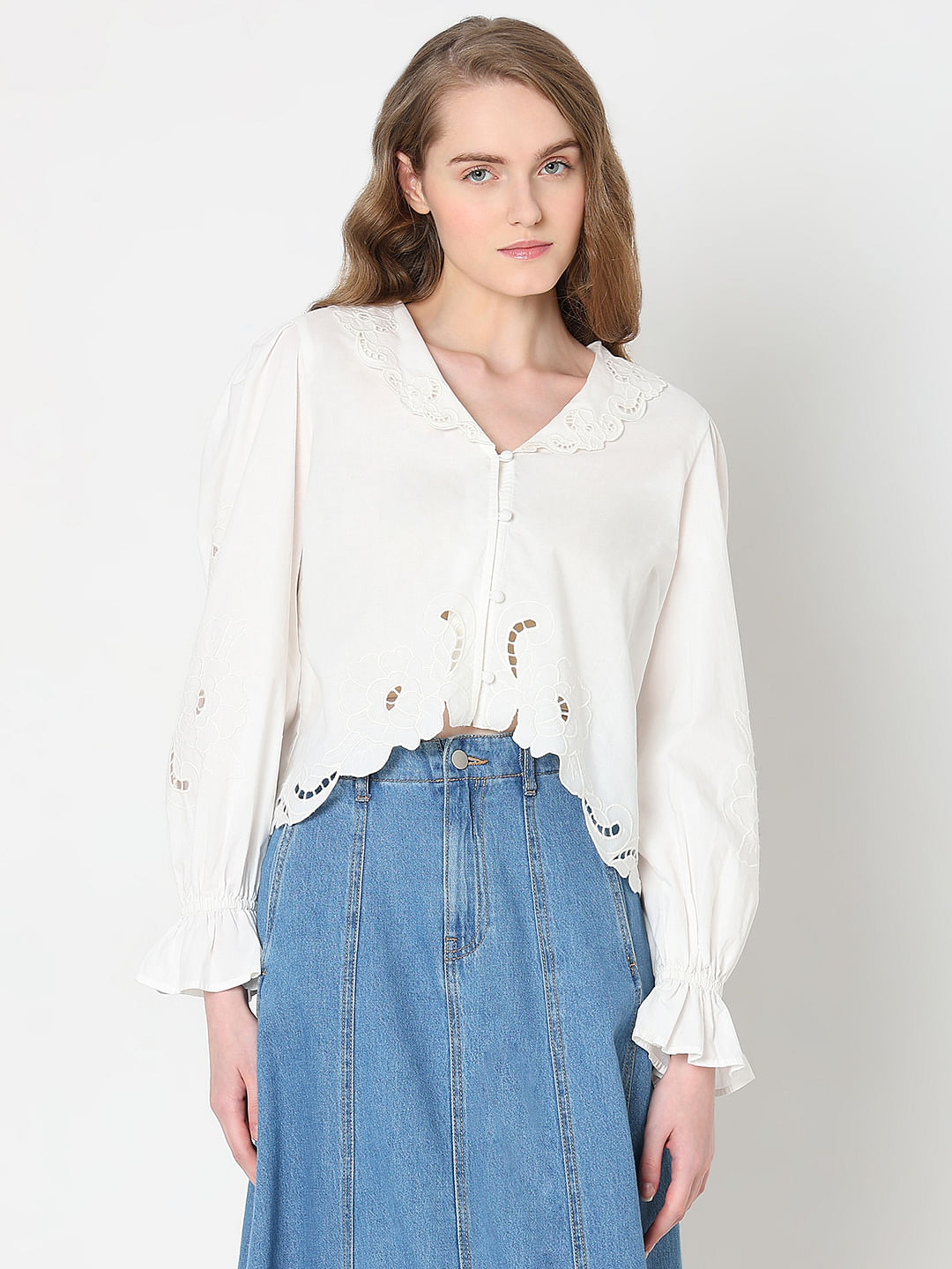 White Cut-Work Detail Top