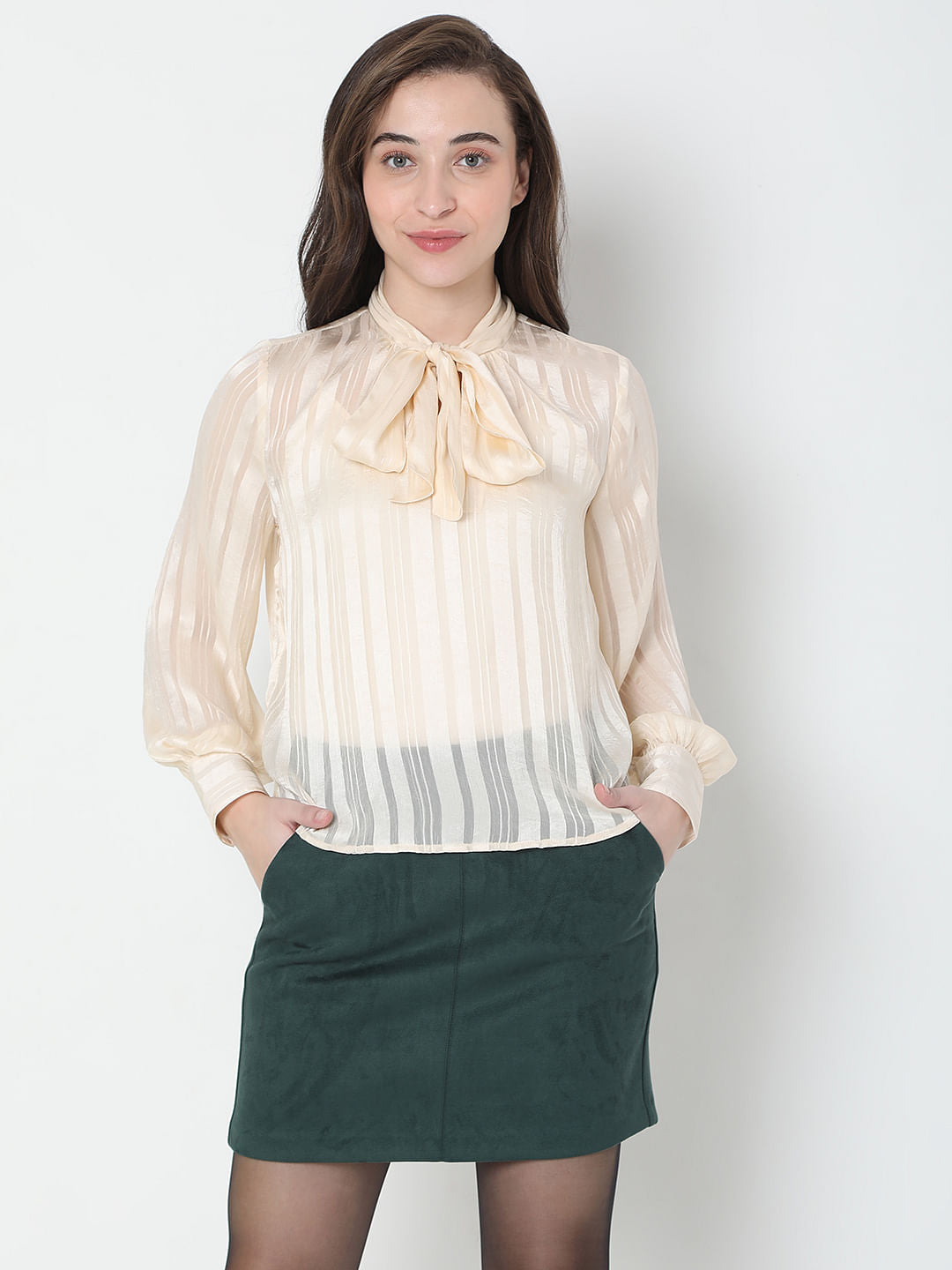 Beige Striped Satin Top