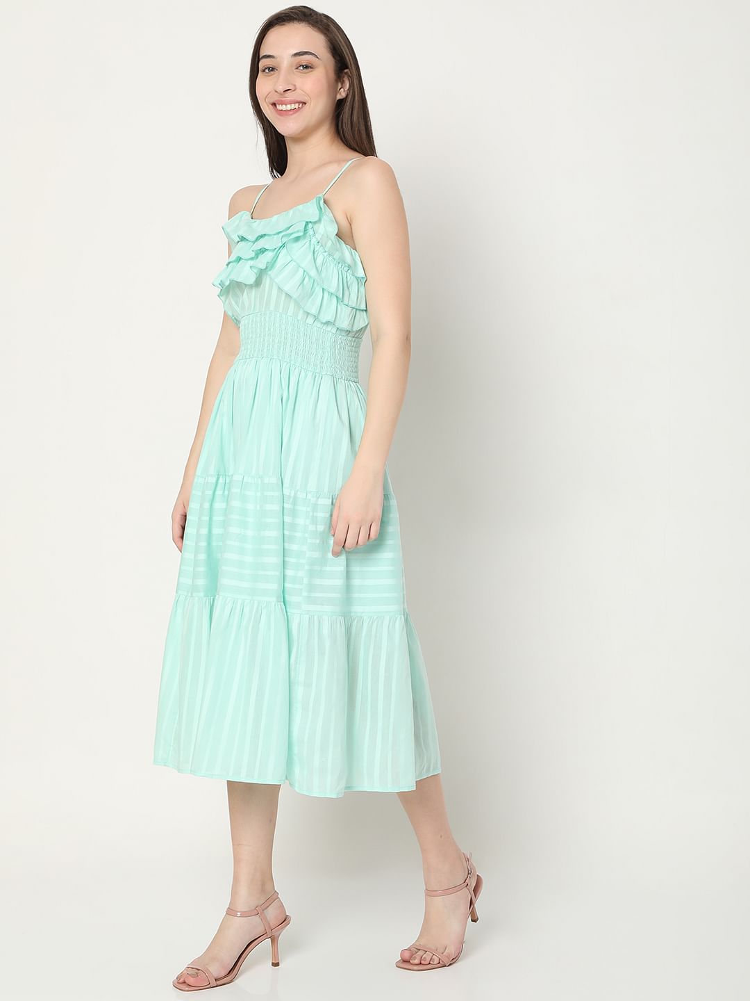 Green Striped Strappy Midi Dress
