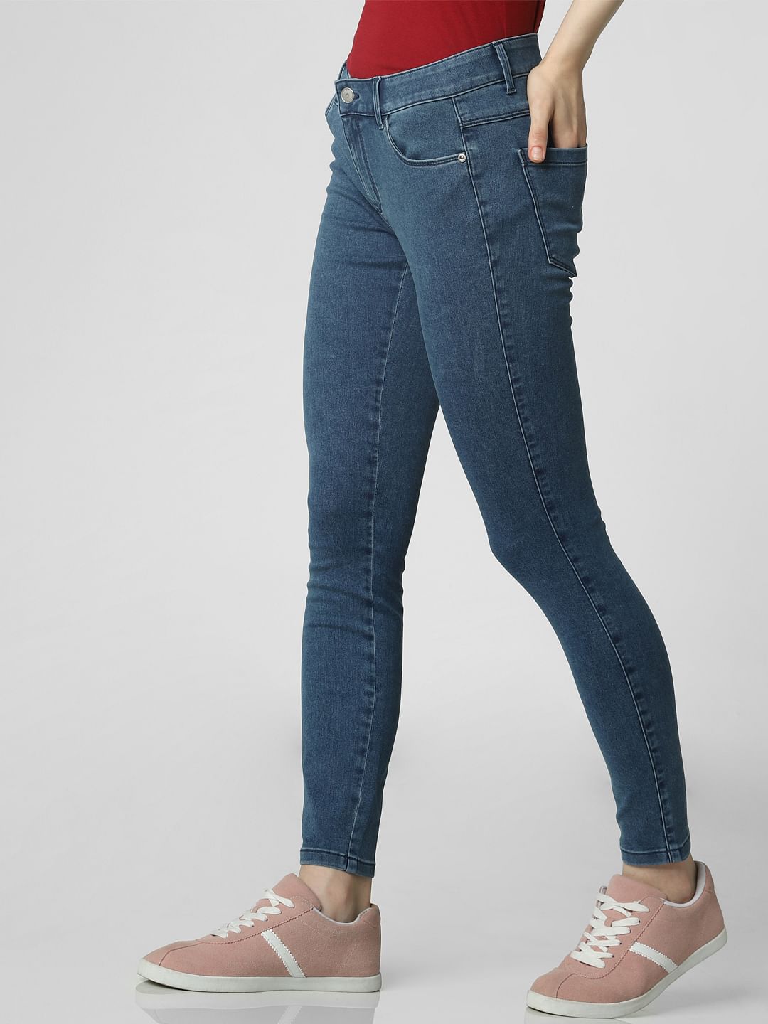 Blue Mid Rise Ankle Length Skinny Fit Jeggings