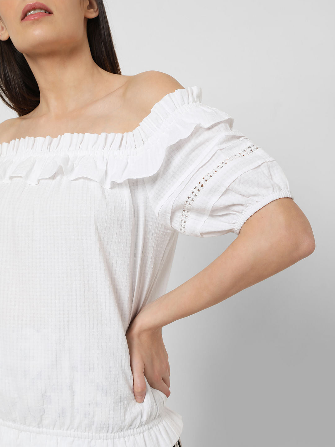 White Off Shoulder Textured Top