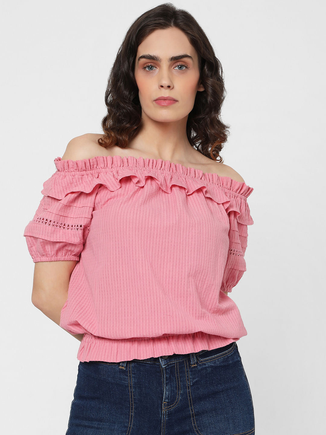 Pink Off Shoulder Textured Top