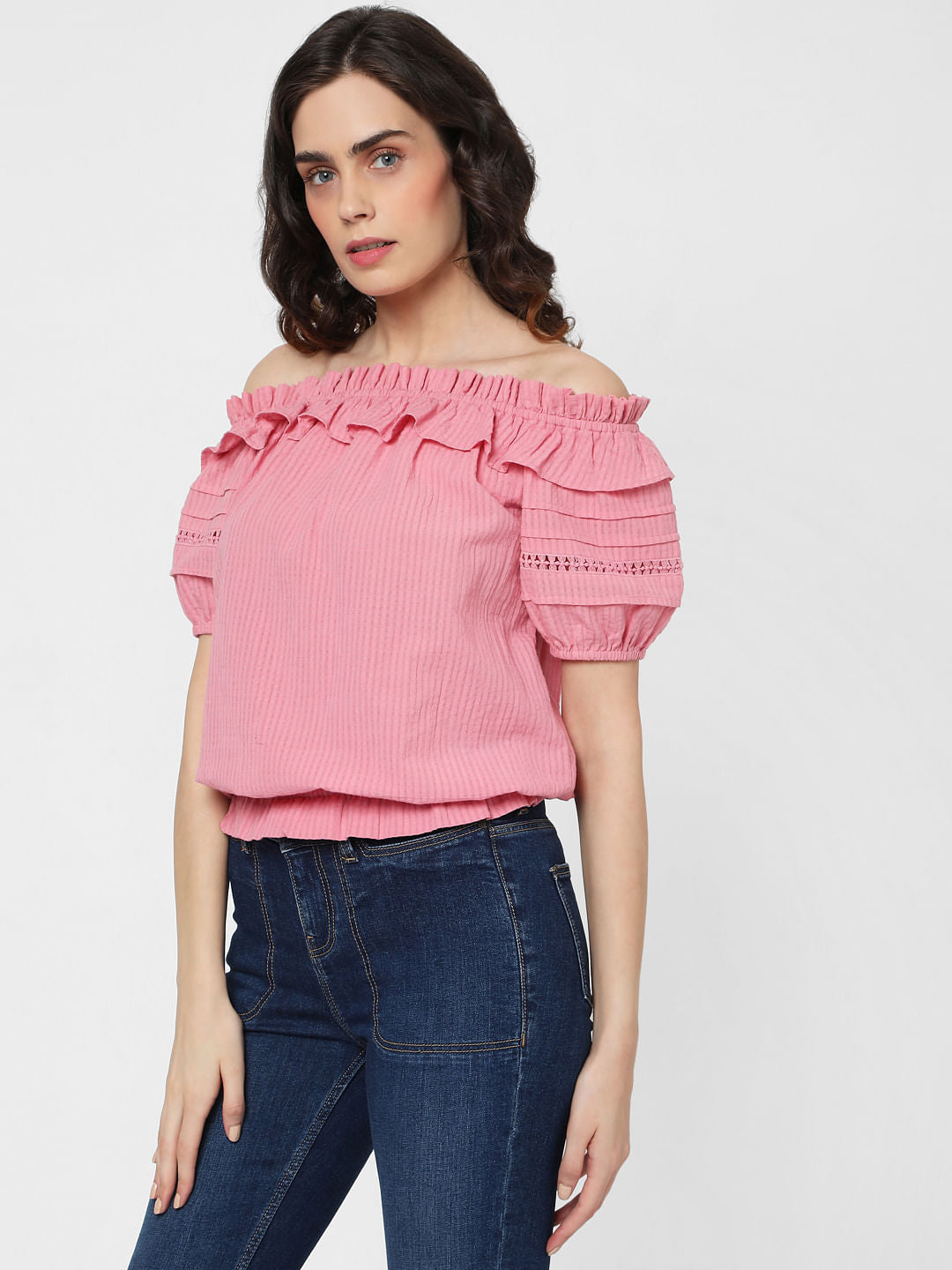 Pink Off Shoulder Textured Top