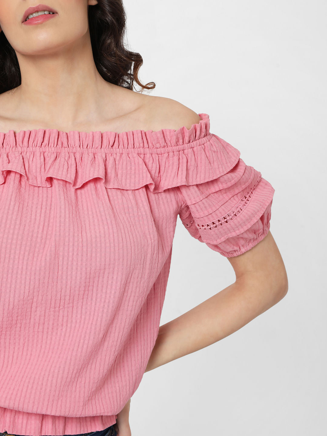 Pink Off Shoulder Textured Top