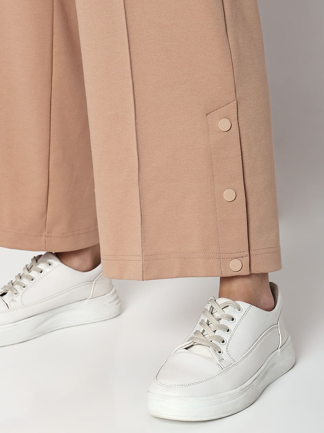 Beige High Rise Wide Leg Pants