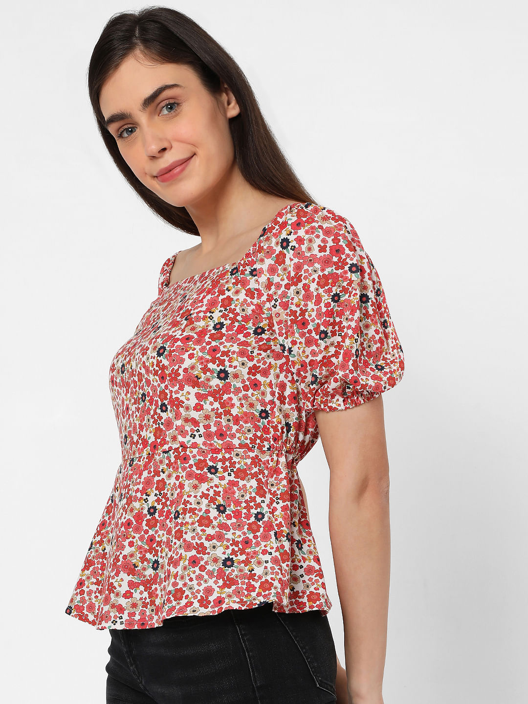 Red Floral Peplum Top